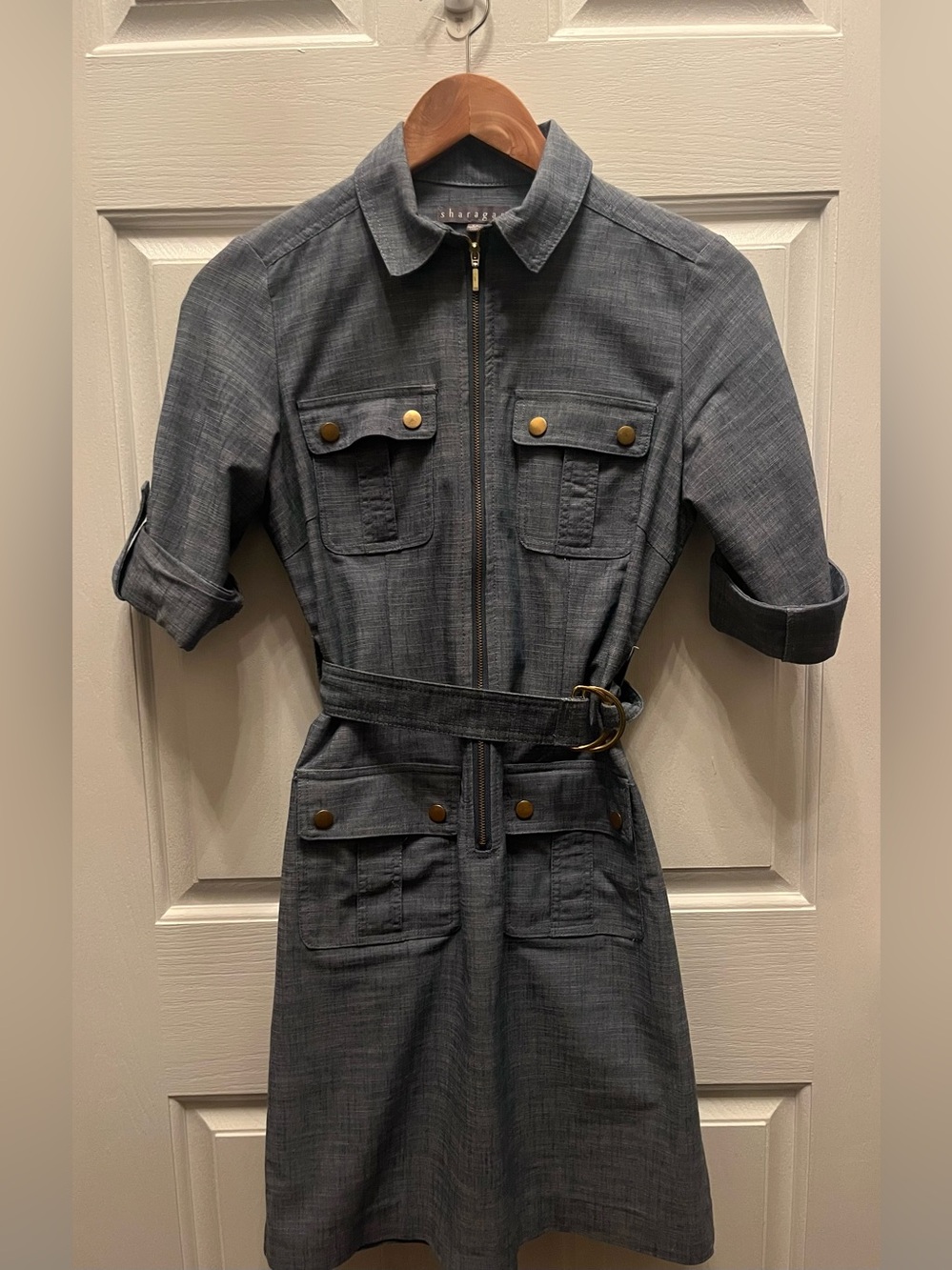 Pre-Owned Sharagno Chambray Utility Shirt Dress with Belt - Size 6 Petite